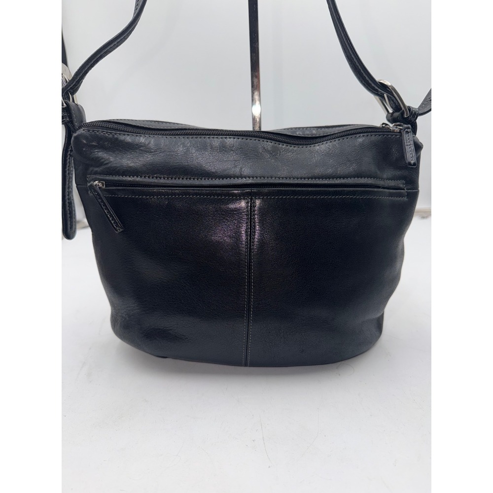 Tignanello Black Leather Crossbody Bag Triple Zip Shoulder Purse Silver Hardware